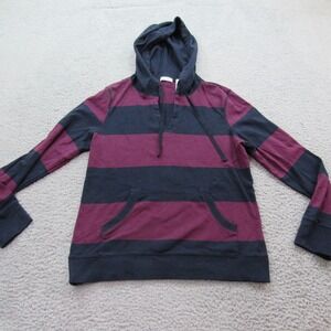Liz Co Women's Hoodie Burgundy Navy Striped  Pullover Long Sleeve Casual Size LG